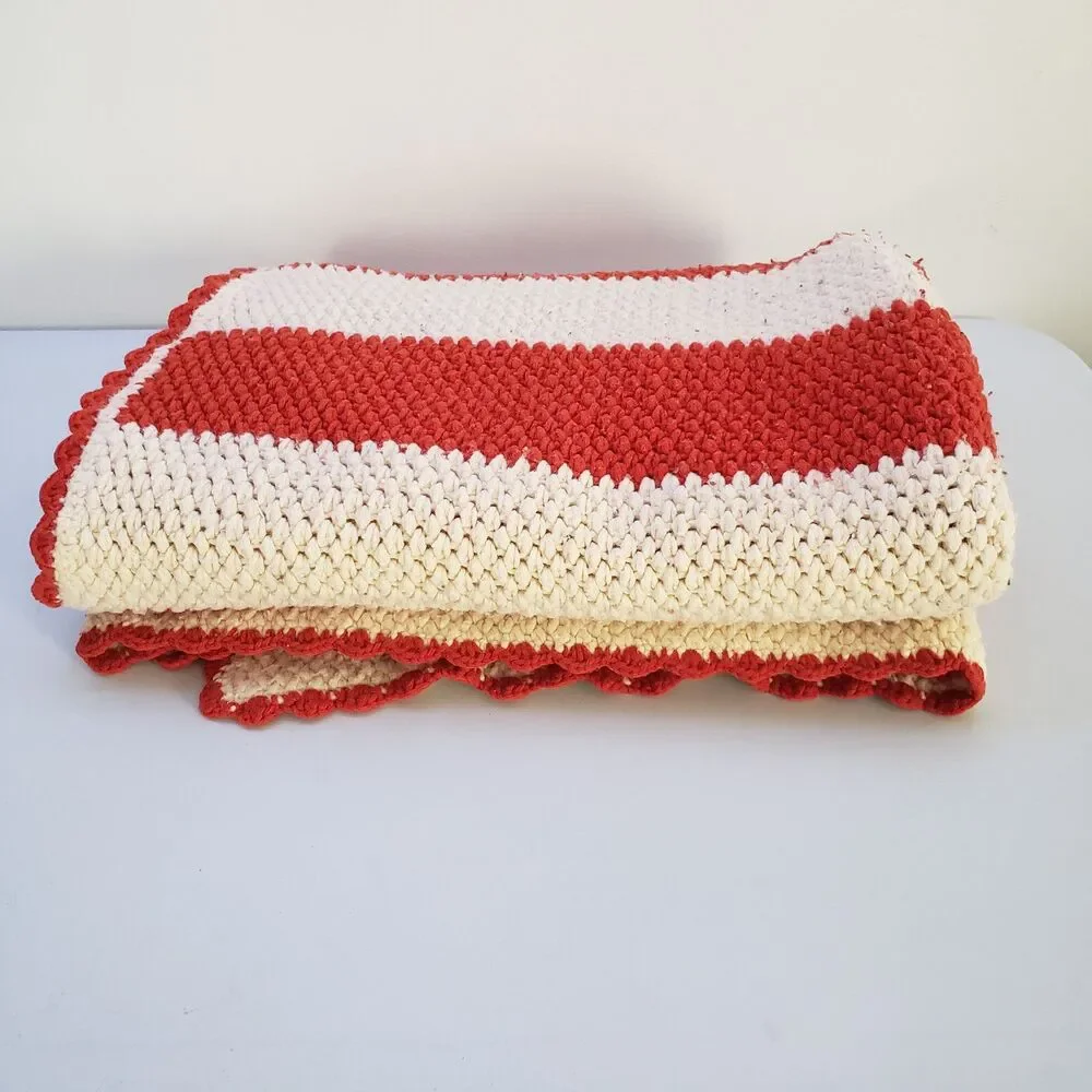 Vintage Afghan Throw Blanket Orange White Striped Fall Halloween MCM